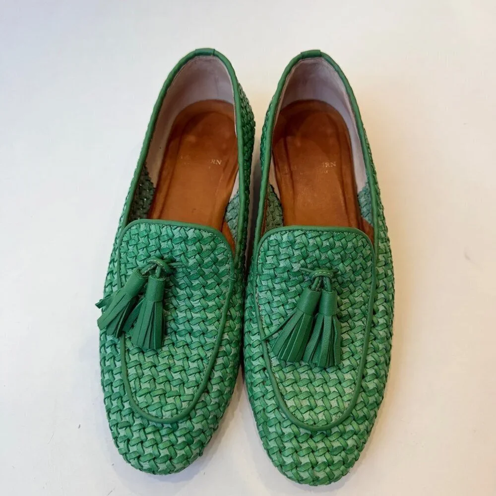 Ann Marshburn Woven Leather Tassel Loafers Green Size 40